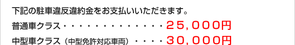 下記の駐車違反違約金をお支払いいただきます。
普通車クラス・・・・・・・・・・・・・２５，０００円
中型車クラス（中型免許対応車両）・・・・３０，０００円